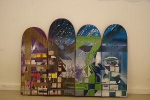 sans titre, skateboard , peinture , collages, 80/80cm, 2007